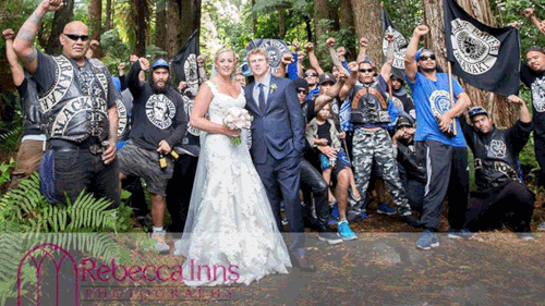 Newlyweds pose with mourning gang after chance meeting during wedding shoot