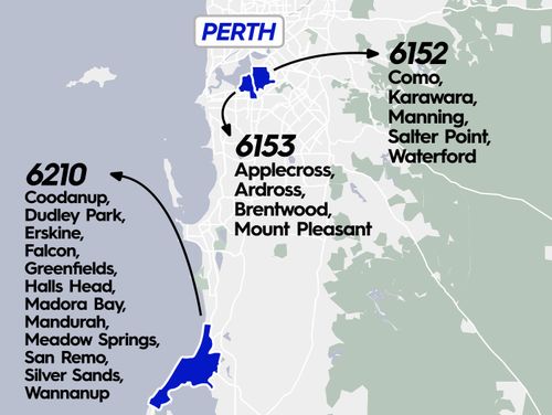 Map of affected Perth suburbs in the Otivo Mortgage Stress Report.