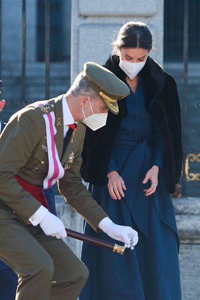 King Felipe VI of Spain and Queen Letizia of Spain attend the New Year Military parade celebration at the Royal Palace on January 06, 2022 in Madrid 
