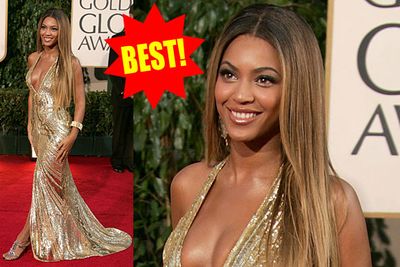 Beyonce was at her bootylicious best in this liquid gold frock that practically poured off her.