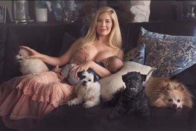 <p>Reality TV star Heidi Montag has shared a snap of herself breastfeeding her three-month-old in what might be the most glamorous setting ever.</p>
<p>In the pic the 31-year-old is reclining on a couch covered with over-stuffed cushions, baby Gunner at her breast. She's surrounded by her four toy dogs and is wearing an unbuttoned dress and an expression of deep and peaceful happiness.</p>
<p>Heidi captioned the image describing motherhood as 'the greatest joy and blessing in my life'.&nbsp;</p>
<p>Heidi and Spencer Pratt welcomed their first child into the world in October after more than a decade of dating. And they're clearly loving every moment - Heidi in particular.</p>
<p>The duo were regulars on the series The Hills, the reality TV show that followed their lives along with those of their co-stars/friends Lauren Conrad and Kristin Cavallari. Speidi, as the couple was dubbed by the tabloids, were often front and centre of the show as they kissed, broke up, kissed and, well, you know what comes next.</p>
<p>Heidi's many cosmetic surgeries and Spencer's bad boy behaviour meant the duo were the most loved/hated of the cast.</p>
<p>But whether you liked or loathed them, you couldn't help but be moved by the genuine joy they showed when they welcomed baby boy Gunner Stone into the world in October 2017.</p>
<p>Gunner looks set to be a reality star just like his mama and papa.</p>
<p>He has his very own Instagram account and while he's posted just 22 images so far, has already clocked up more than 60,000 dedicated fans.</p>
<p>Scroll through the following gallery of images and you'll quickly understand why. Cute or what?&nbsp;<br />
<br />
</p>