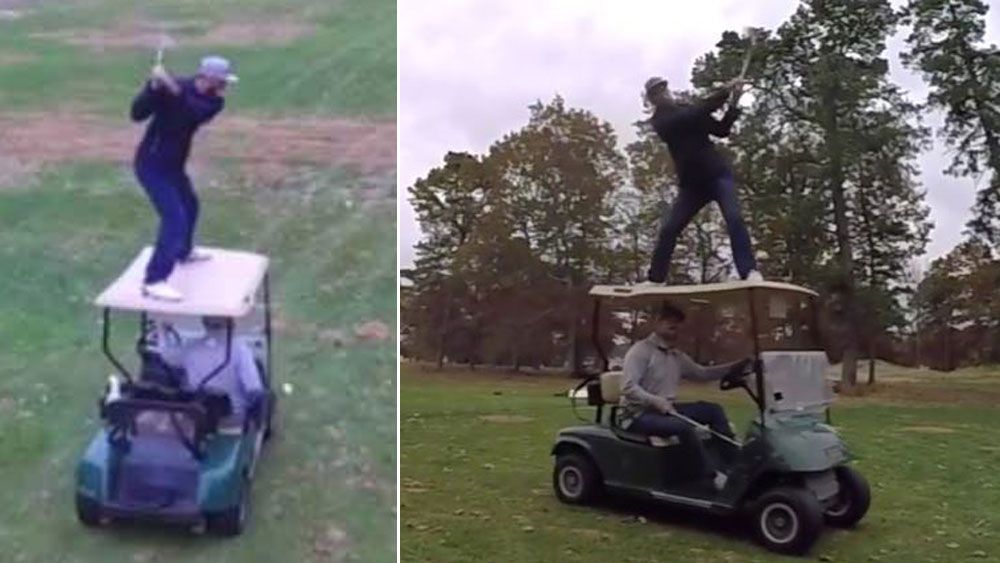 Golfer plays trick shot from the roof of a moving cart