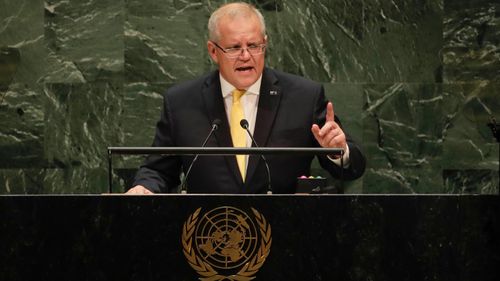 Prime Minister Scott Morrison addresses the United Nations (UN) General Assembly in New York during his visit to the United States of America on Wednesday 25 September 2019. Photo: Alex Ellinghausen
