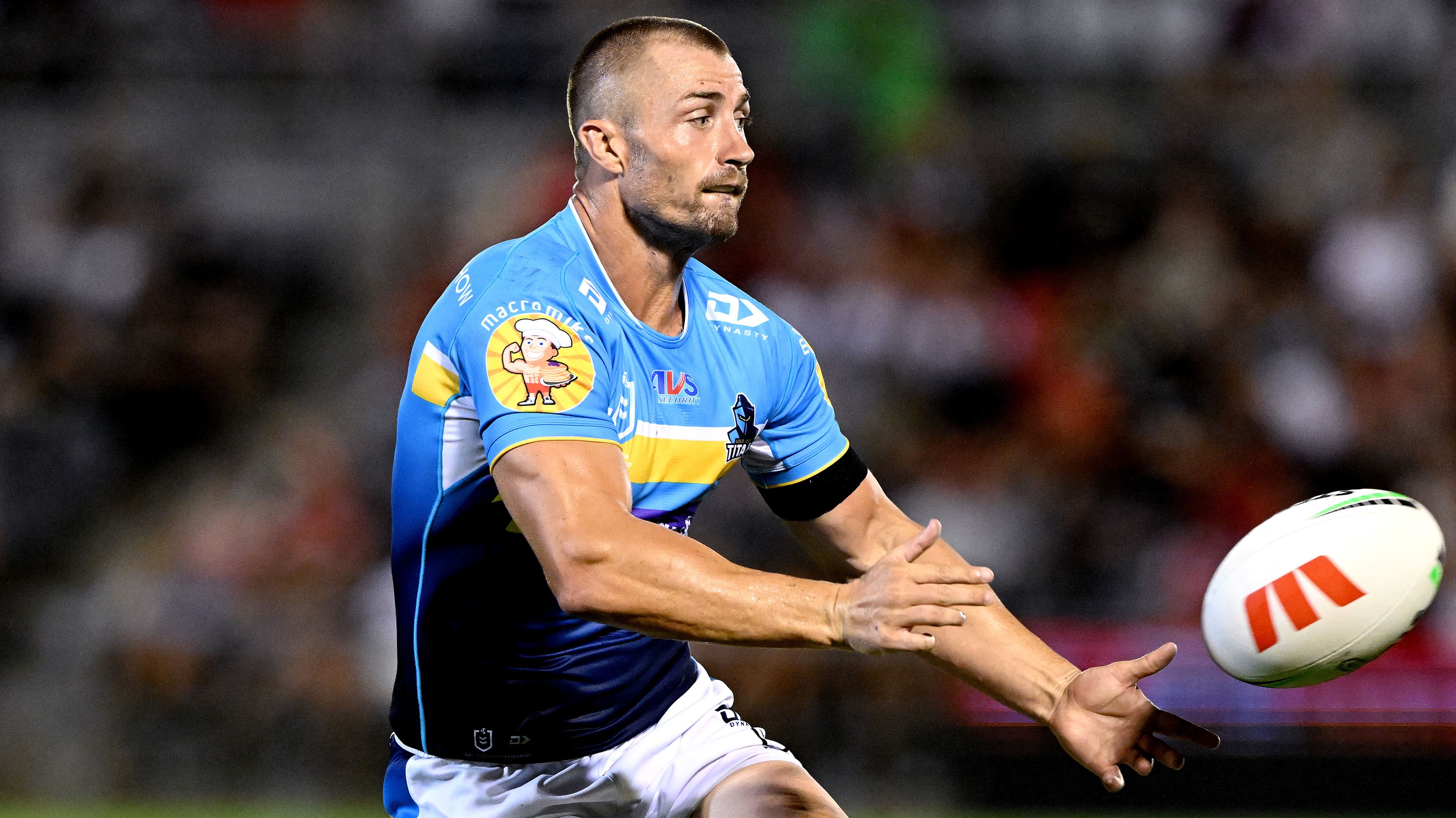 BRISBANE, AUSTRALIA - FEBRUARY 19: Kieran Foran of the Titans passes the ball during the NRL Trial Match between the Dolphins and the Gold Coast Titans at Kayo Stadium on February 19, 2023 in Brisbane, Australia. (Photo by Bradley Kanaris/Getty Images)