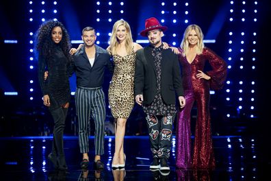 Kelly Rowland, Guy Sebastian, Delta Goodrem, Boy George and Sonia Kruger on The Voice Australia.