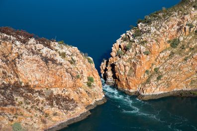 Horizontal Falls are described as "One of the greatest wonders of the natural world". They are formed from a break in-between the McLarty Ranges reaching up to 25m in width. The natural phenomenon is created as seawater builds up faster on one side of the gaps than the other, creating a waterfall up to 5m high on a King tide.