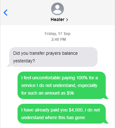 A mock-up of alleged texts between Claire and the healer based on screenshots shown to 9Honey.
