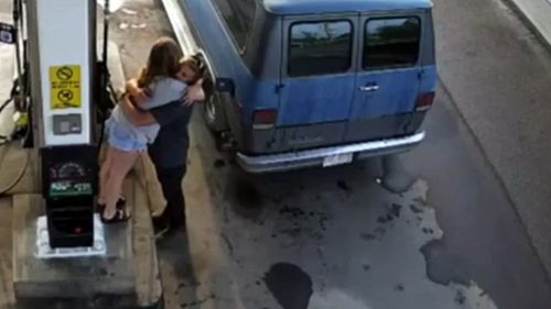 Australian tourist Lucas Fowler and his US girlfriend Chynna Deese, pictured here refuelling their van, were killed by Kam McLeod, 18, and Bryer Schmegelsky, 19.