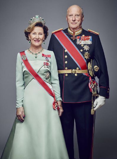 In this handout photo provided by the Royal Court, King Harald V of Norway and Queen Sonja of Norway pose for an official photograph from the Royal Court on January 15, 2016 in Oslo, Norway. 