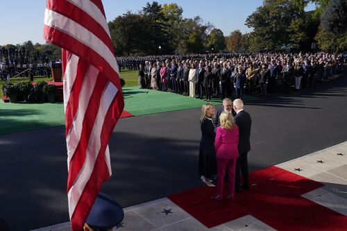 President Joe Biden and first lady Jill Biden welcome Australia's Prime Minister Anthony Albanese and his partner Jodie Haydon during a State Arrival Ceremony on the South Lawn of the White House in Washington, Wednesday, Oct. 25, 2023.