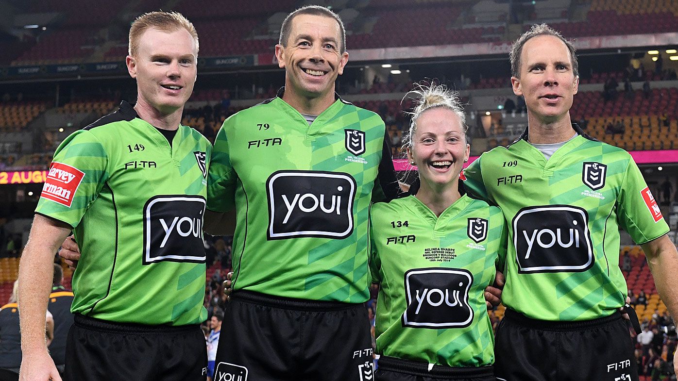Referee Belinda Sharpe (2R) poses with referees following the Round 18 NRL match