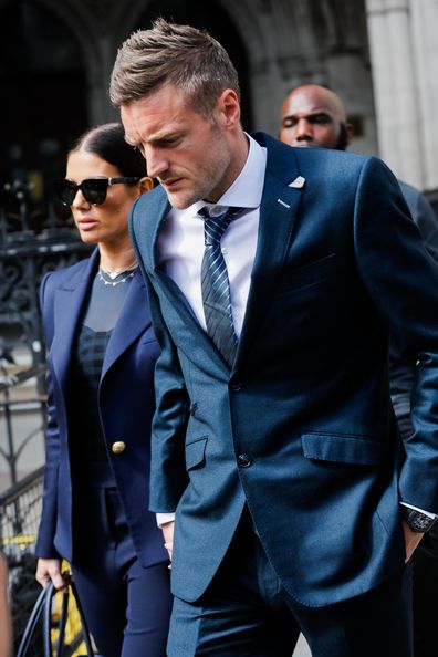 Rebekah Vardy and Jamie Vardy leave the Royal Courts of Justice, Strand on May 17, 2022 in London, England. 