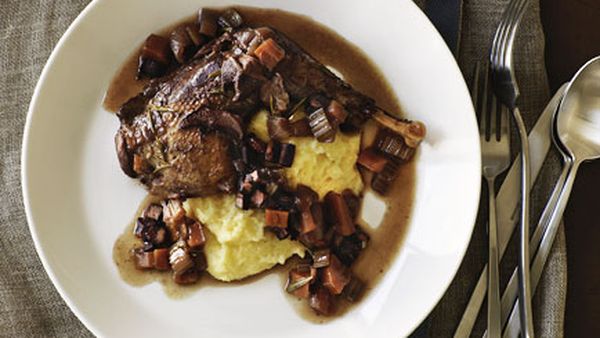 Red wine-braised pheasant with polenta