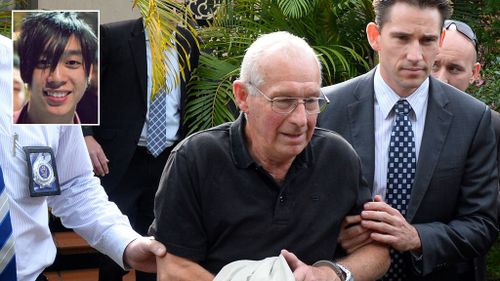 Former detective Roger Rogerson being arrested at his home and inset, the student he is accused of killing Jamie Gao. Picture: AAP