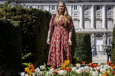 MADRID, SPAIN - APRIL 7: Princess Catharina-Amalia (Princess Amalia) of The Netherlands visits a tulip garden at Plaza de Oriente on April 7, 2025 in Madrid, Spain. Princess Amalia offered the tulip garden as thank you for the people and government of Madrid for staying in the city during safety measures in 2023 and 2024. (Photo by Patrick van Katwijk/Getty Images)