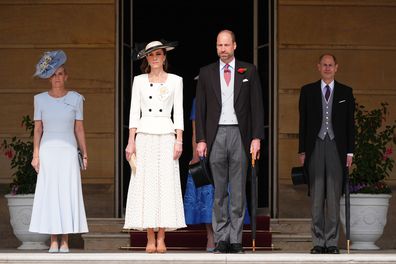 LONDON, ENGLAND - MAY 8: (from left to right) Sophie, Duchess of Edinburgh, Catherine, Princess of Wales, Prince William, Prince of Wales and Prince Edward, Duke of Edinburgh, during a Royal Garden Party at Buckingham Palace on May 8, 2026 in London, England. (Photo by Aaron Chown - WPA Pool/Getty Images)