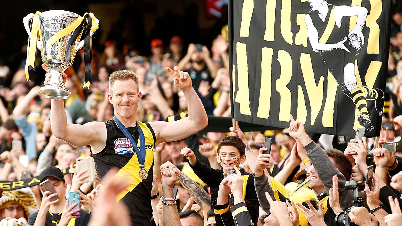 Jack Riewoldt of the Tigers celebrates his team winning the 2019 AFL Grand Final 