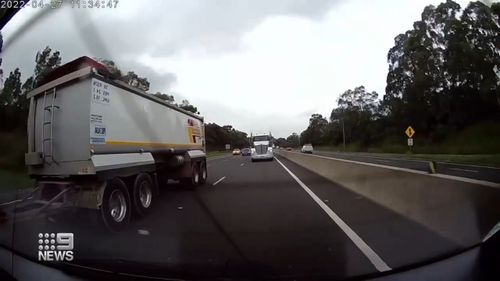 A close encounter today on Sydney's M5 after a semi-trailer truck tried to over take another truck before needing to hit the breaks.