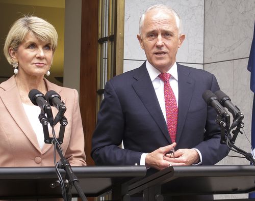 Australian Liberal Party deputy leader Julie Bishop, left, and Prime Minister Malcolm Turnbull address reporters at Parliament House