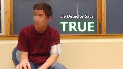The lie detector test states Noah's answer is “true” when asked if he is a time traveller. (YouTube)