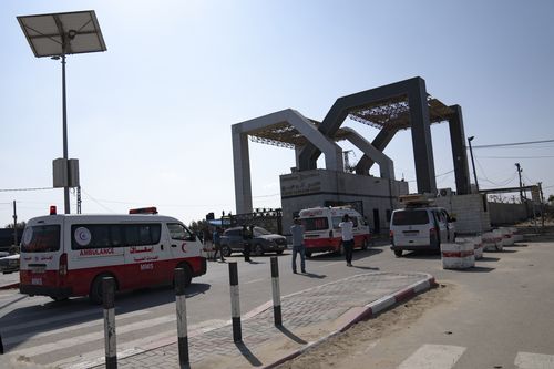 Ambulances with Palestinians wounded in the Israeli bombardment of the Gaza Strip arrive at Rafah border crossing to Egypt Wednesday, Nov. 1, 2023. 