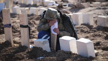 People mourn for their relatives who lost their life because of the earthquake on  February 11, 2023 in Adiyaman Turkey. 