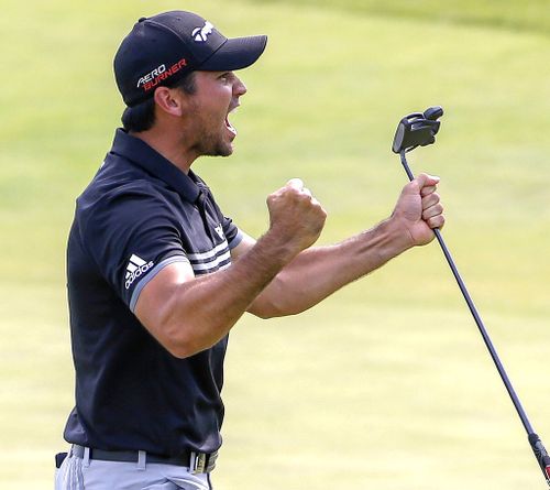 Jason Day of Australia reacts after making a birdie putt on the seventh hole during the final round of the 97th PGA Championship golf tournament. (AAP)