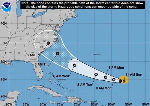 National Oceanic and Atmospheric Administration (NOAA) data shows forecast cone for the storm center of hurricane Florence. According to reports, Florence is expected to strengthen to a category four hurricane and impact the east coast of the US between 13 and 14 September. (AAP)