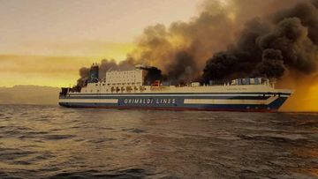 A ferry is on fire at the Ionian Sea near the island of Corfu, Greece, on Friday, Feb. 18, 2022. 