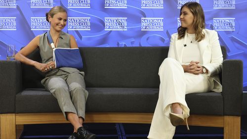 Advocates for survivors of sexual assault and abuse, Grace Tame and Brittany Higgins, during their address to the National Press Club of Australia in Canberra on Wednesday 9 February 2022. fedpol Photo: Alex Ellinghausen