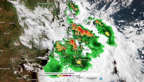 Composite radar/satellite showing severe storms over southeast Qld on Thursday morning.