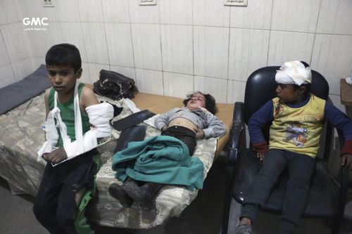 Children receiving treatment at a hospital in Hazeh in eastern Ghouta. (Ghouta Media Center via AP)