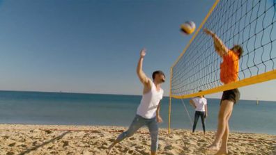 Luke gives it his all against Ronnie in a Volleyball game on The Block 2021