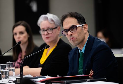 L-R Courtney Houssos, Penny Sharpe, and Daniel Mookhey question Amy Brown as she gives evidence at the NSW Parliamentary Inquiry into the appointment of former NSW Deputy Premier John Barilaro to the New York Trade Commissioner role. 29th June 2022