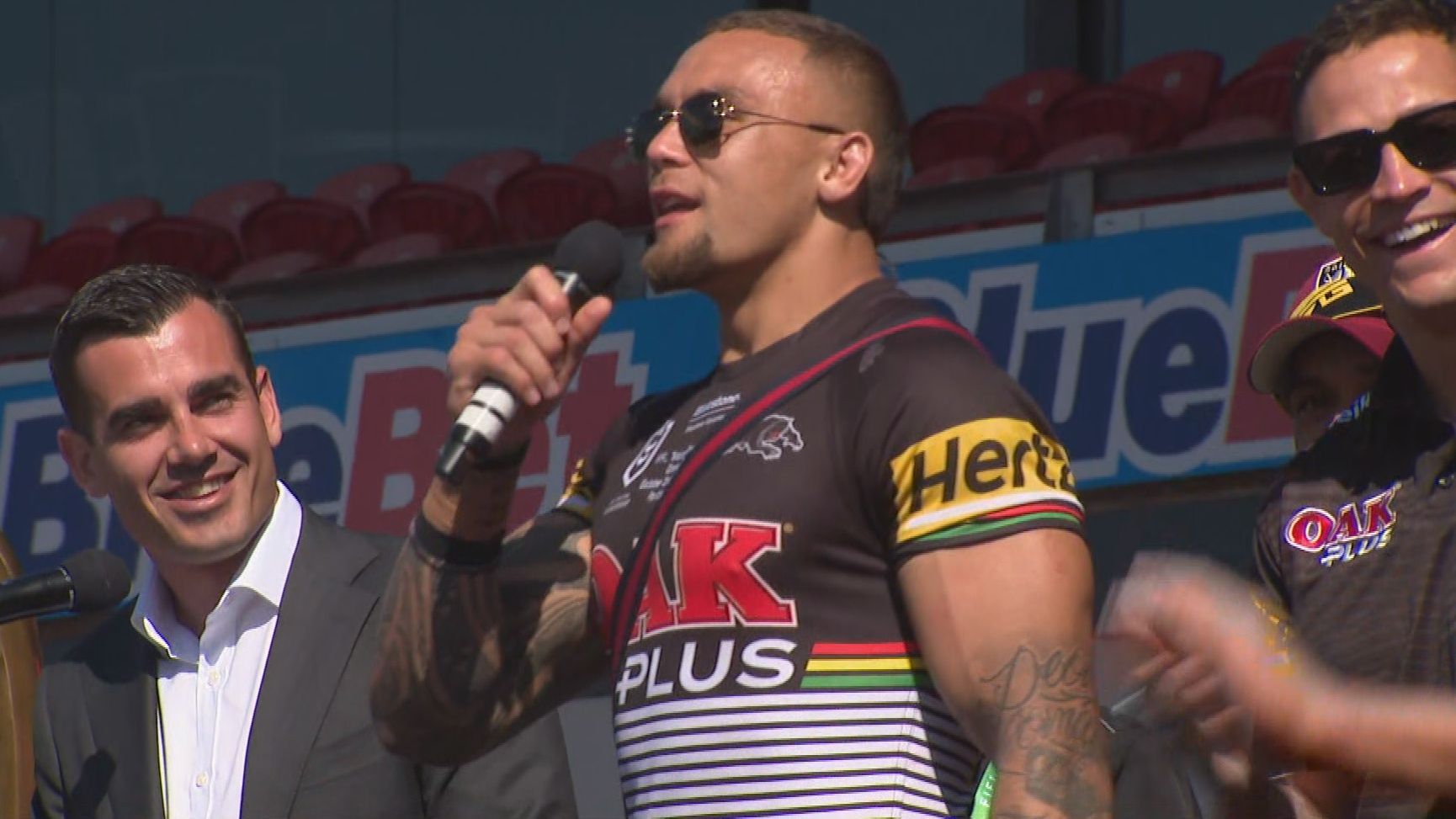 Panthers star ignites 'we hate Parra' chant as topless Nathan Cleary reveals wild celebrations