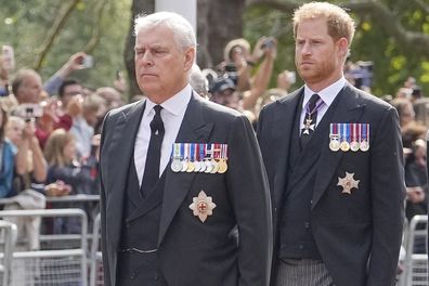 Britain's Prince Andrew, front, and Prince Harry follow the coffin of Queen Elizabeth II during a procession from Buckingham Palace to Westminster Hall in London, Wednesday, Sept. 14, 2022. The Queen will lie in state in Westminster Hall for four full days before her funeral on Monday Sept. 19. (AP Photo/Martin Meissner, Pool)