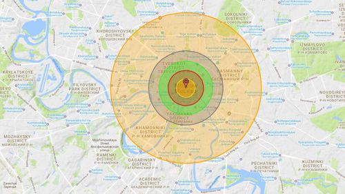 Red Square and the Kremlin would both be in the fireball zone of a North Korean atomic bomb strike. (Nukemap)