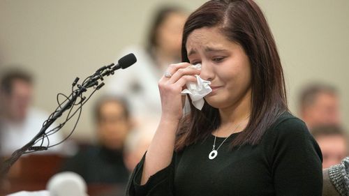 Victim Kaylee Lorincz wipes tears as she speaks during court proceedings in the sentencing phase. (AAP)