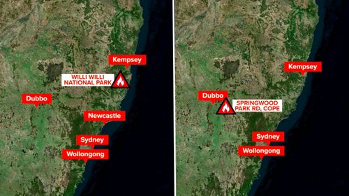 The two NSW fires in Willi Willi and Springwood Road are both at emergency level, with residents told it's too late to leave.