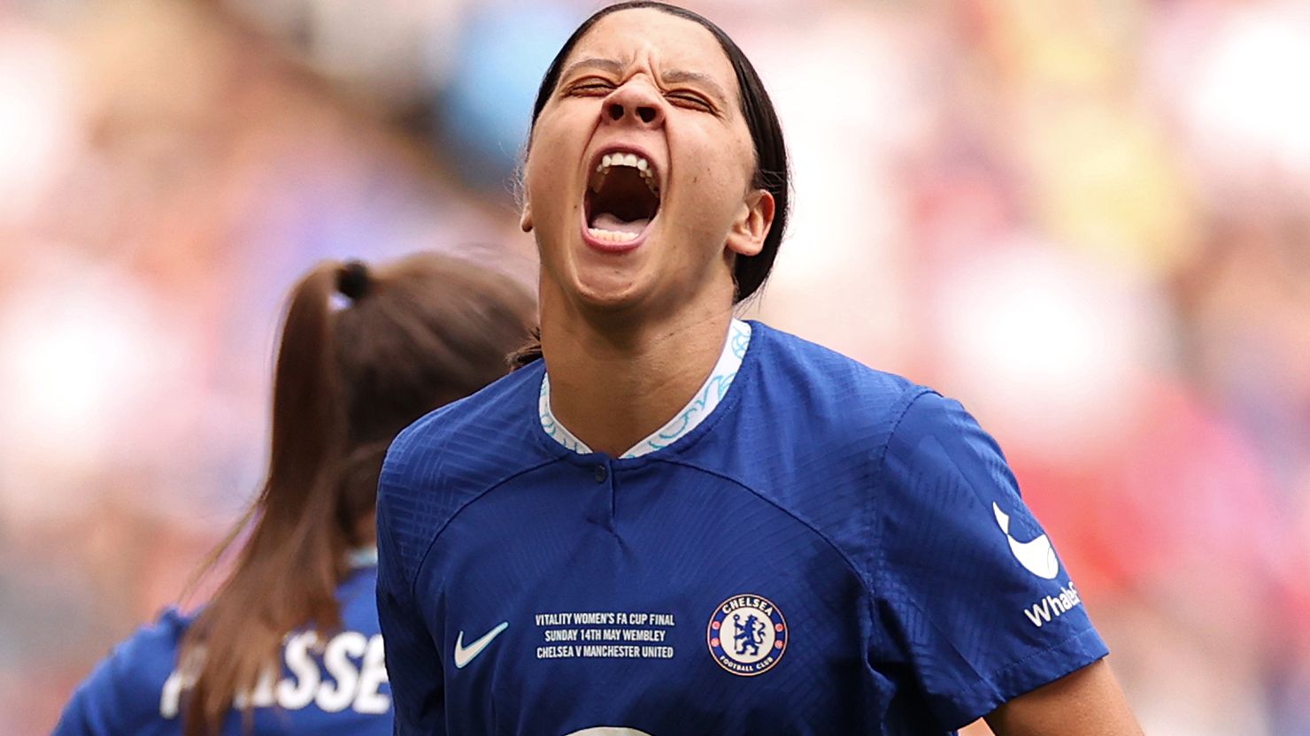 Sam Kerr of Chelsea celebrates after scoring the team&#x27;s only goal during the FA Cup final.