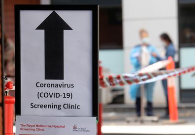 COVID-19 screening area is posted outside the Royal Melbourne Hospital on March.