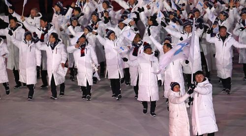 North Korea's Hwang Chung Gum and South Korea's Won Yun-jong hold the flag in as the two countries enter the Olympic Stadium together. (AAP)