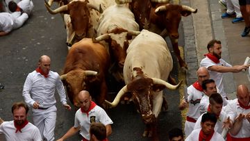 Revellers run next to fighting bulls during the running of the bulls at the San Fermin Festival, in Pamplona, northern Spain, in 2019. It was the last time the annual event was held in Pamplona due to the pandemic.