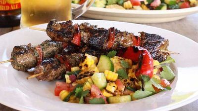 Chimichurri beef skewers with chargrilled corn salsa