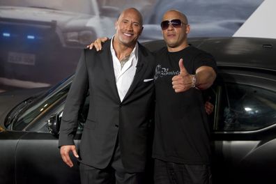 Dwayne Johnson and Vin Diesel during the premiere of the movie Fast and Furious 5 at Cinepolis Lagoon on April 15, 2011 in Rio de Janeiro, Brazil. 