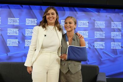 Advocates for survivors of sexual assault and abuse, Brittany Higgins and Grace Tame during their address to the National Press Club of Australia in Canberra on Wednesday 9 February 2022. 