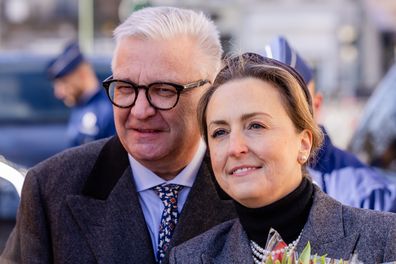 LAEKEN, BELGIUM - FEBRUARY 18: Prince Laurent and Princess Claire of Belgium attend the annual mass in memory of deceased members of the royal family at Eglise Notre-Dame de Laeken on February 18, 2025 in Laeken, Belgium. (Photo by Geert Vanden Wijngaert/Getty Images)