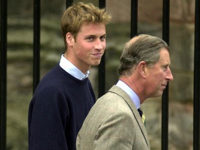 Prince William arrives at St Andrew's University with Prince Charles in 2001