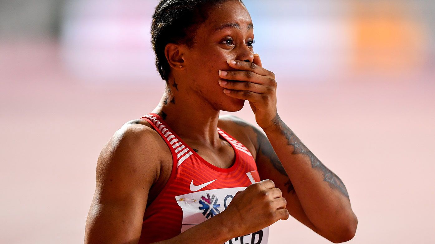 Salwa Eid Naser of Bahrain celebrates after winning the Women&#x27;s 400m Final during day seven of the 17th IAAF World Athletics Championships in Doha in 2019.