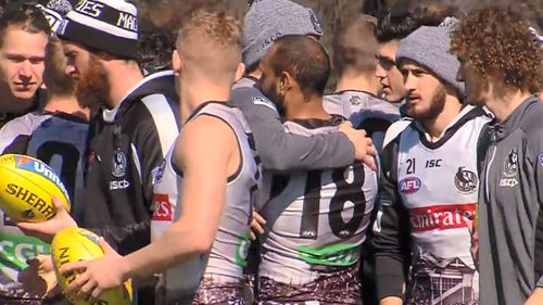 Travis Varcoe was embraced by teammates at training today. 